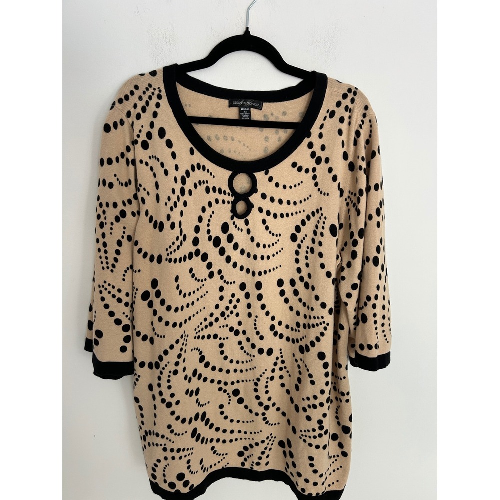 Designers Originals Tan Black Polka Dot Keyhole Knit‎ Top 3/4 Sleeve 2X Cotton